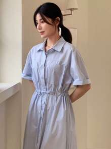 DAZY 女式领结腰短袖衬衫裙，中长款，返校服 - 藍色 - 查看 3