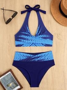 Swim Lushoire Conjunto de bikini de mujer para vacaciones de verano en la playa, con patrón geométrico, escote cruzado, espalda descubierta y abertura