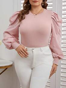 SHEIN Privé Kích thước lớn Của phụ nữ Trân châu Dát Đầy Chân Của Tay áo Áo - Hồng - Xem 3