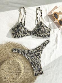 Swim Vcay Women 2pcs Leopard Print Halter Tie-Front Shirred Bikini Set For Summer Beach Vacation - Multicolor - View 1