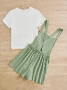 SHEIN Teen Girls Solid Tee & Dual Pocket Pinafore Romper
