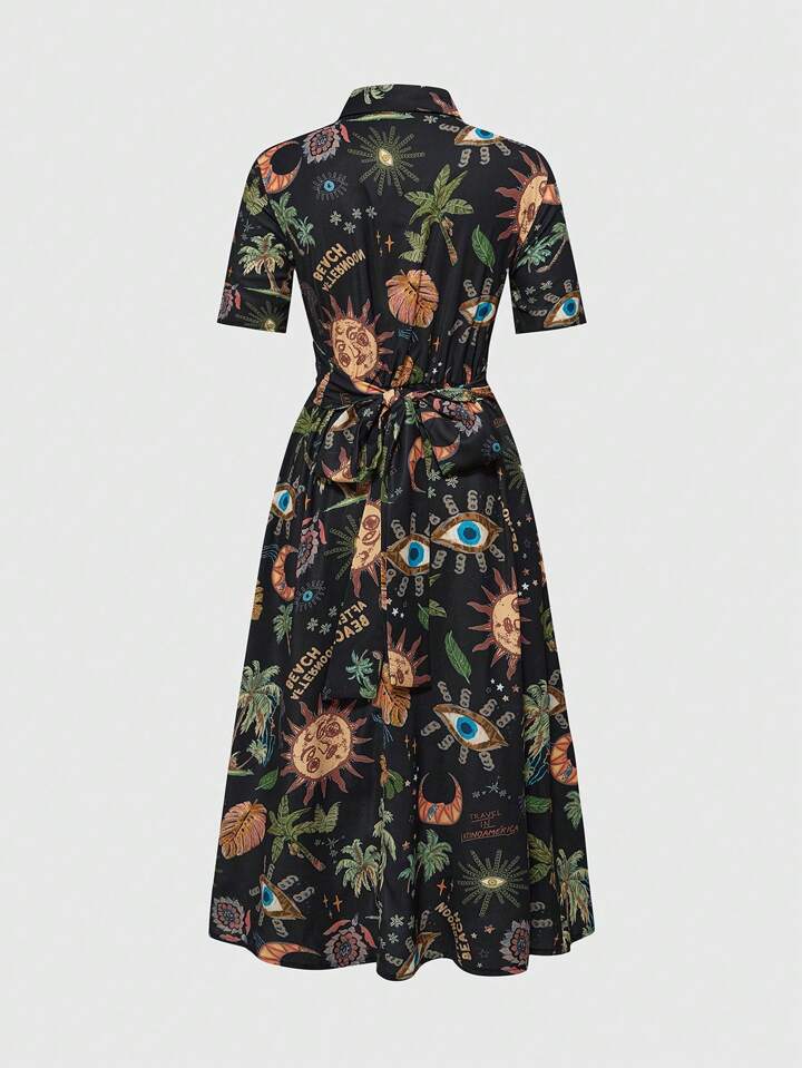 Our Women Palm Tree Print Short Sleeve Midi Shirt Dress, Holiday Resort is  such a vibe - ROMWE