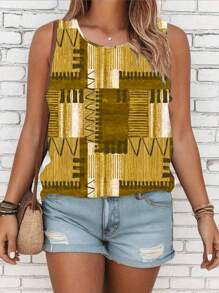 SHEIN LUNE Plus Size Summer Patchwork Print Casual Crew Neck Tank Top T-Shirt - Multicolor - View 4