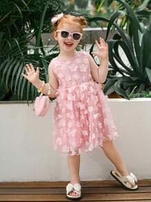 Young GirlPink 3D Floral Print Mesh Party Dress - Pink - View 6