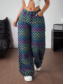 SHEIN PETITE Quần jeans ống rộng nữ, có túi, cài nút, gấu quần tua rua, kiểu dáng thường ngày, đa năng. - Nhiều màu - Xem 4