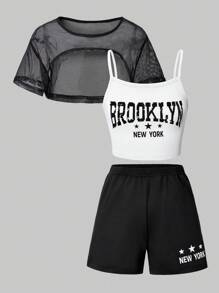 3 Pieces Set For Tween Girls: Casual Summer Mesh Top T-Shirt, Printed Cami, And Shorts - Sporty, Daily, And School Fashion Style - Black - View 6