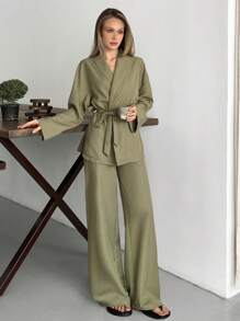 EURMUSE Conjunto de dos piezas de lino elegante con detalle de nudo de manga larga color caqui verdoso para mujer - Verde militar - Ver 5