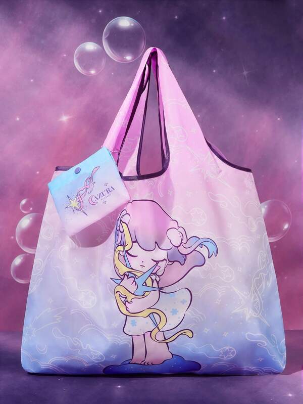 Pop Mart Azura X SHEIN Cartoon Graphic Foldable Shopping Bag, Tote Bag, Includes A Compact Storage Pouch With A Beaded Chain, Can Be Hung On The Bag For Beach