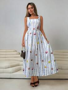 Roylia 女士春夏度假风海洋图案条纹印花方领细肩带高腰褶饰 A 字长裙 - 彩色 - 查看 5