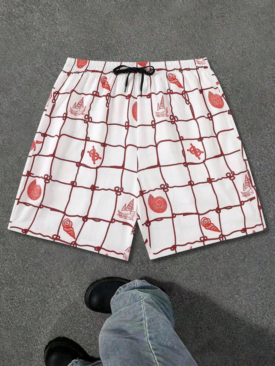 Surfspeed Men's Summer Vacation Style Fishnet & Shell Print Drawstring Waist Side Pockets Beach Shorts - Orange - View 1