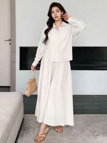 DAZY Women Solid Color Long Sleeve Single-Breasted Shirt And Midi Skirt 2pcs Casual Set