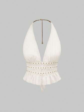 Hippie Westlicher Vintage Holzperlen dekoriertes rückenloses Spaghetti-Träger Cowgirl Trägertop für Frauen