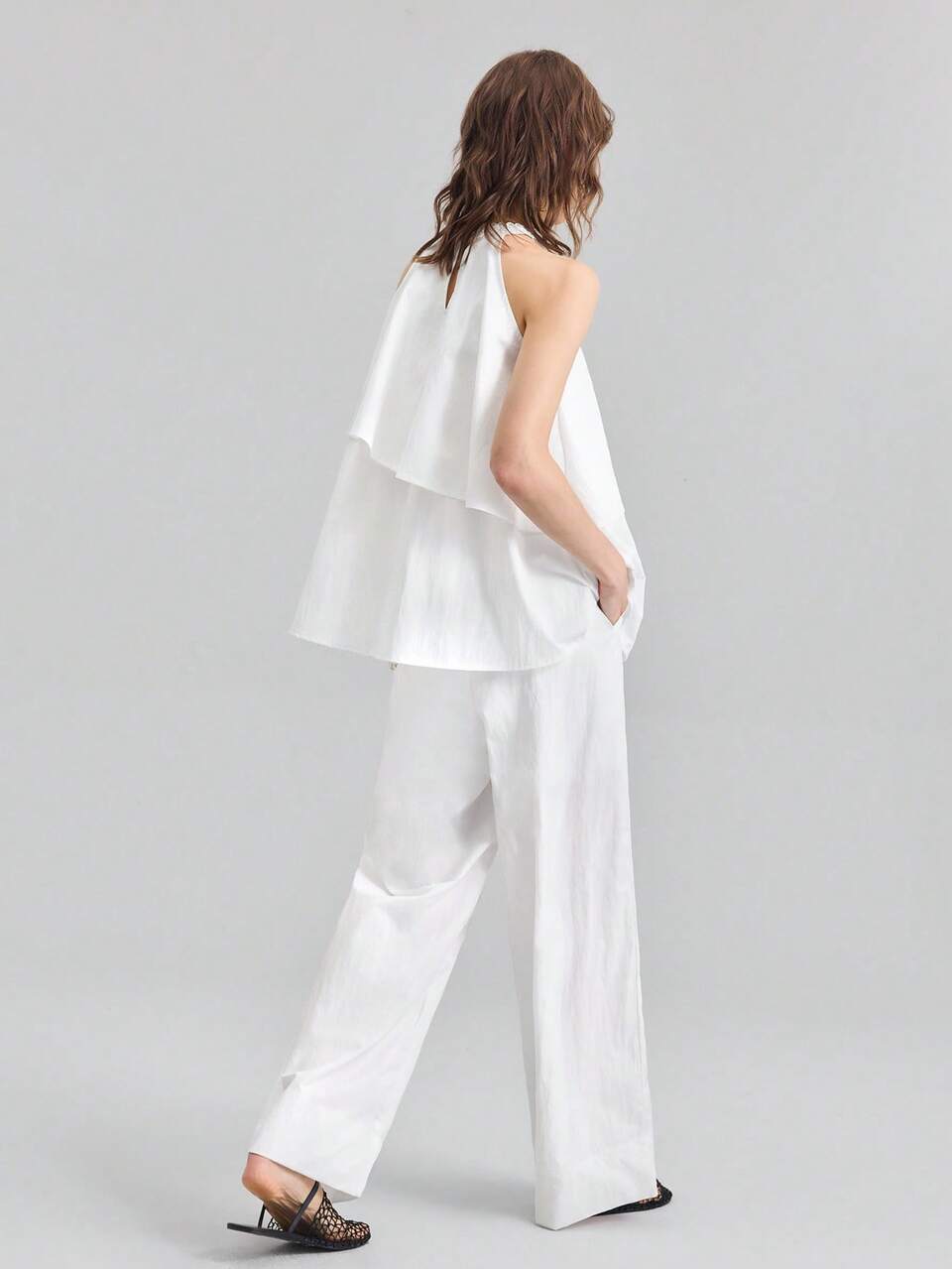 Women's 2 Pieces Set White,Summer Elegant Effortless Chic Halter Top & Wide Leg Pants,Vacation Beach Party,Office,Graduation,Solid Color 2025 Outfits