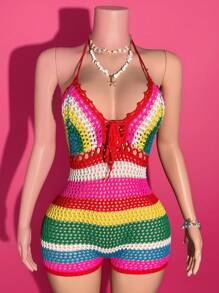 Slaydiva New Summer Leisure Vacation Daily Date Beach Wear Music Festival Suspender Rainbow Striped Crochet Jumpsuit V-Neck Women's Sweater Jumpsuit-A Crochet Swimsuit Rainbow Swimsuit - Multicolor - View 3