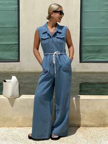 Livesso السيدات بلون واحد, بدون أكمام, سروال واسع وبذلة جينز