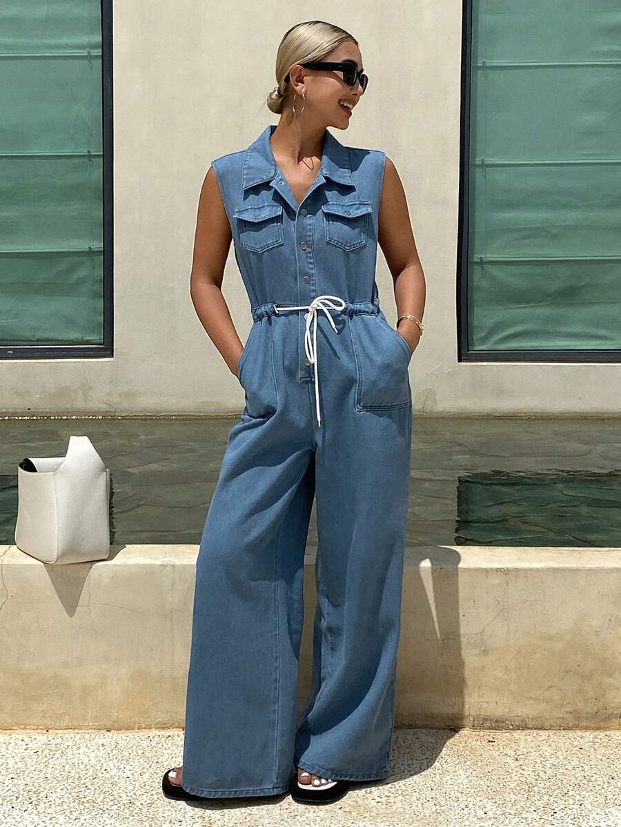 Livesso السيدات بلون واحد, بدون أكمام, سروال واسع وبذلة جينز