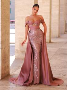 Glamrae Elegant Luxurious Embroidered Beaded Lace Splice Satin Fishtail Maxi Dress With Extra Wide Flared Hem, One Shoulder, Suitable For Wedding, Party, Prom, Vacation, Banquet (Heavy Embellishment),Graduation,Teacher Outfits For Women,Teacher Dress - Dusty Pink - View 1