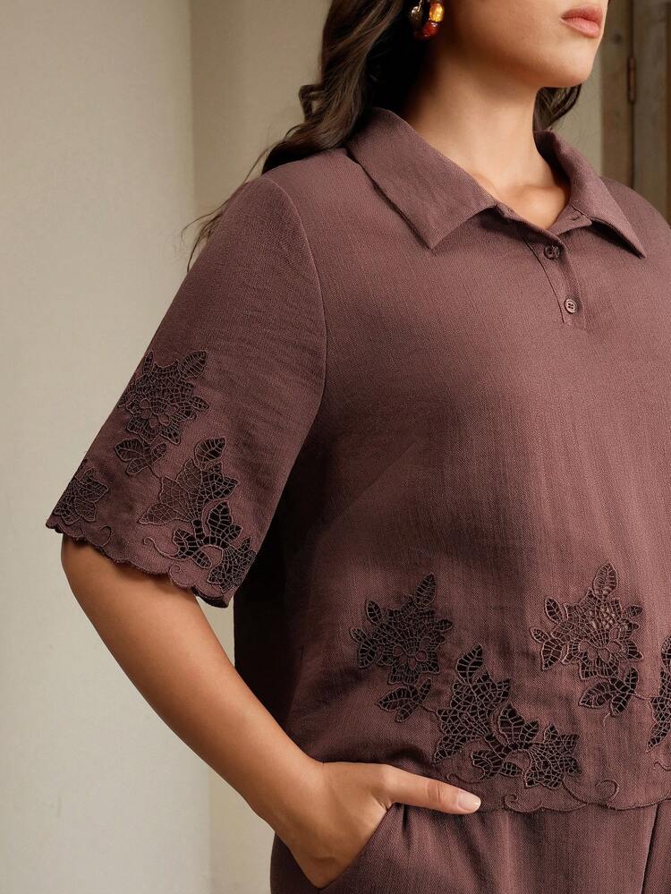 2pcs Set Summer New Polo Collar Design Heavy Embroidery Short Sleeve Top And Pants Plus Size