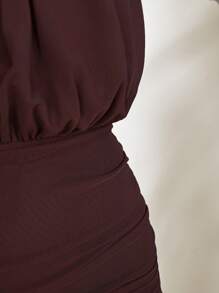 Aloruh 女士性感海滩度假露背褶皱修身短裙，带流苏和珠饰 - 棕色 - 查看 7