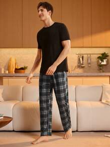 SHEIN 男士格子松紧腰宽松直筒休闲裤睡衣，秋冬款