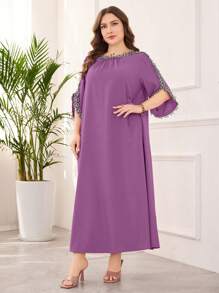 Lacomfia 大码时尚优雅图案装饰圆领连衣裙 - 紫丁香色 - 查看 6