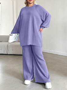 EURMUSE 2pcs Plus Size Solid Color Long Sleeve Sweater Top And Pants Set - Lilac Purple - View 6