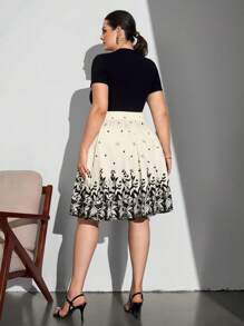 Chikora Plus Size Polka Dot Skirt, Fashionable For Summer Work Midi Skirt Floral Skirt Black Cream Skirt Elegant Skirt Teacher For Women Business Casual Woman Office For Women Work Office Wear Women Going Out Back To School Valentine's Day