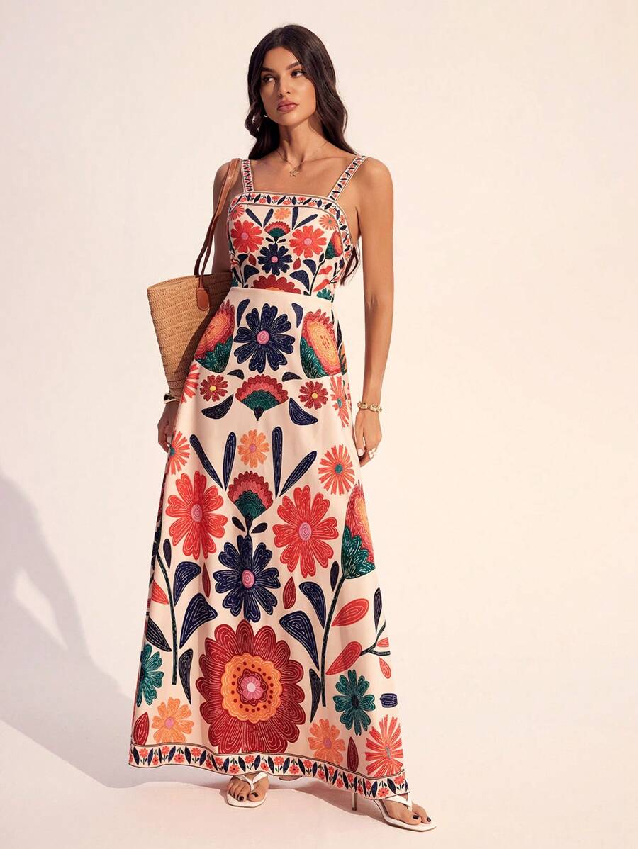 SHEIN Tall Women's Sleeveless Gathered Waist A-Line Floral Print Vacation Casual Dress, Spring/Summer,Boho Clothes Women - Apricot - View 1