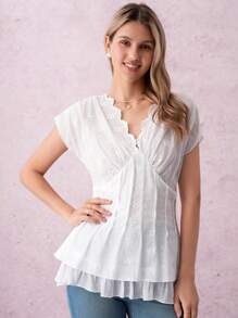 SHEIN Clasi 女士刺绣、提花和印花V领泡泡袖衬衫，2025年夏季新品 - 杏色 - 查看 1