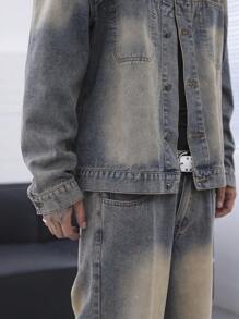 Claim Dot Plus Size Men Gradient Color Patch Pocket Front Button Long Sleeve Denim Jacket, Fall - Light Wash - View 8