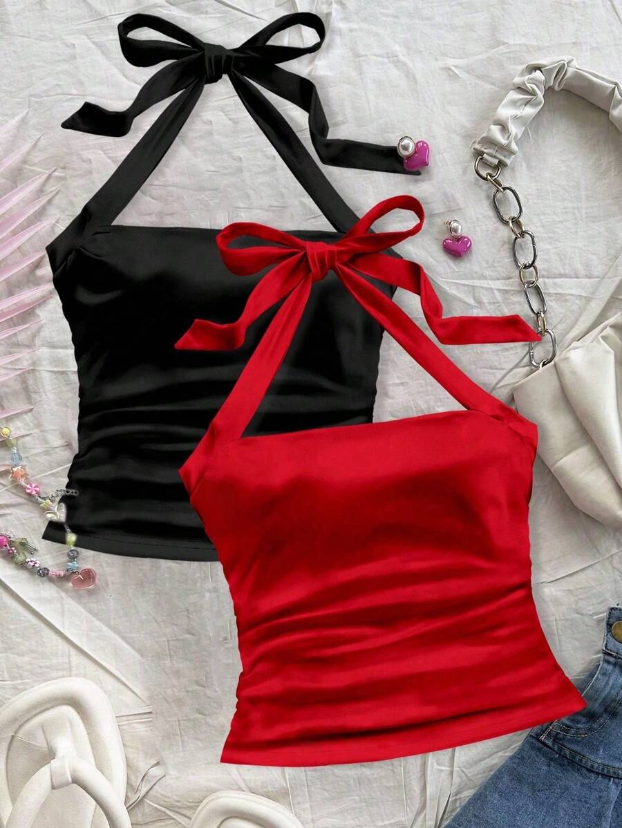 Soleia 2 piezas Parte superior de tiras con espalda descubierta fruncida con estampado rojo y negro, adecuada para el verano