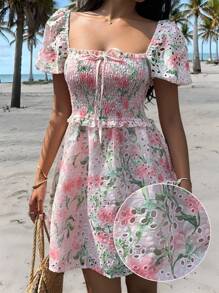 SHEIN EZwear Tea Party Dress Pink Short Romantic Embroidered Summer Dress Island Vacation Beach Dress - White - View 1