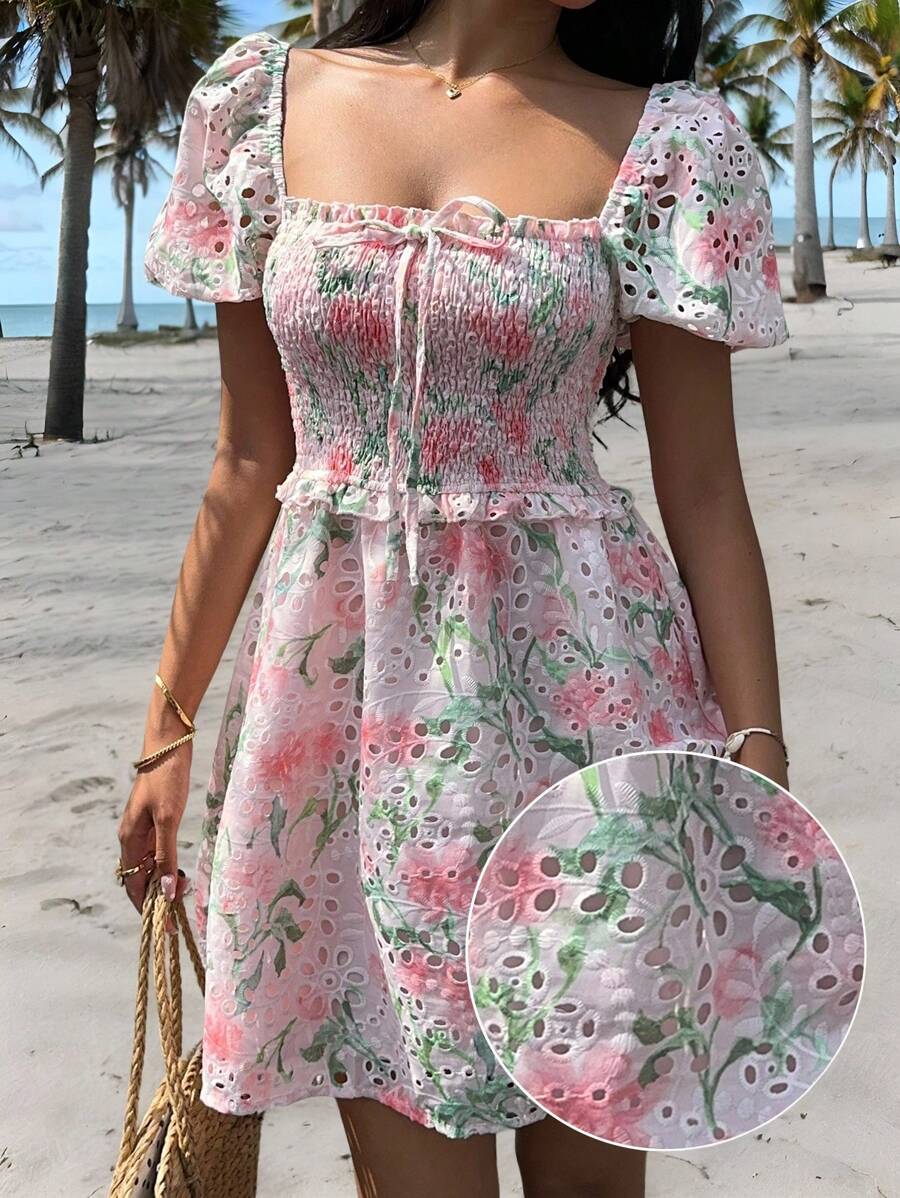 SHEIN EZwear Tea Party Dress Pink Short Romantic Embroidered Summer Dress Island Vacation Beach Dress - White - View 1