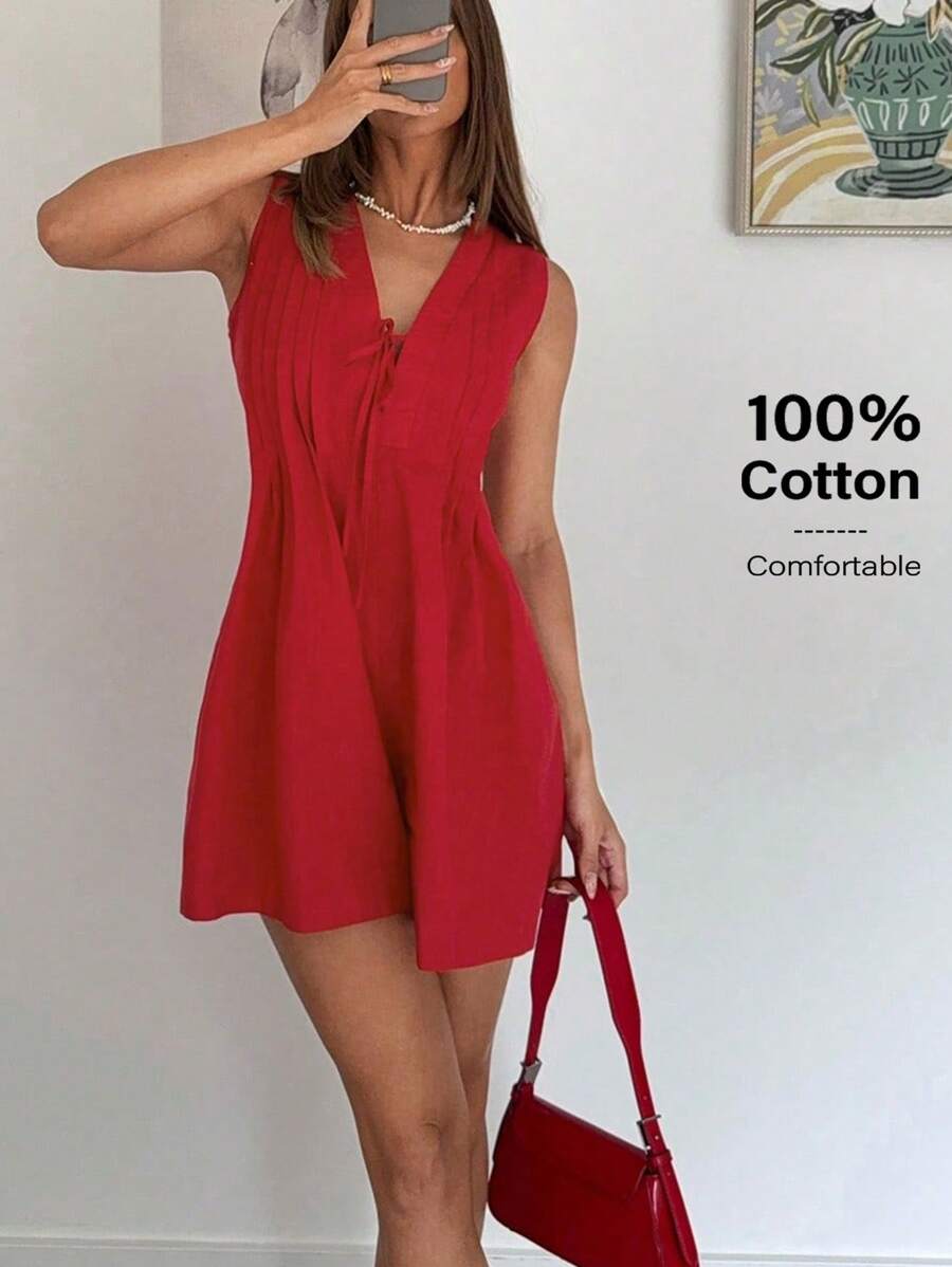 Women's Elegant Solid Color V-Neck Sleeveless Jumpsuit For Summer Women Short Dresses Summer Women Summer Clothing Woman Summer Clothes Work Summer Dresses Women Clothes - Red - View 1