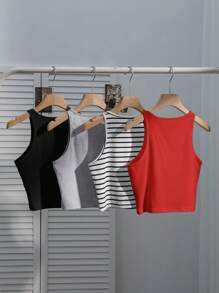 SHEIN EZwear 4件套女士休闲上衣套装，黑色碎花、灰色、红色、黑白条纹，修身、性感、百搭，夏季返校季 - 彩色 - 查看 2