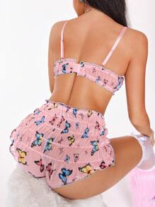 Notgurli 2pcs Playful Sheer Butterfly Print Y2K Ruched Plisse Wireless Bralette & Panty Set, Pink - Pink - View 1