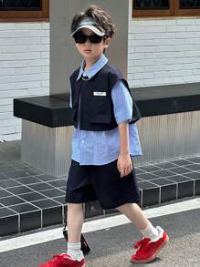 DAZY 青少年男孩休闲衬衫套装，返校服装 - 藏蓝色 - 查看 4