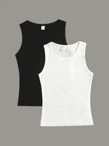 SHEIN Teen Girls 2pcs Ribbed Knit Solid Tank Top