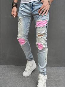 Manfinity LEGND Men's Distressed Color Block Skinny Denim Jeans With Pockets, Summer - Light Wash - View 1
