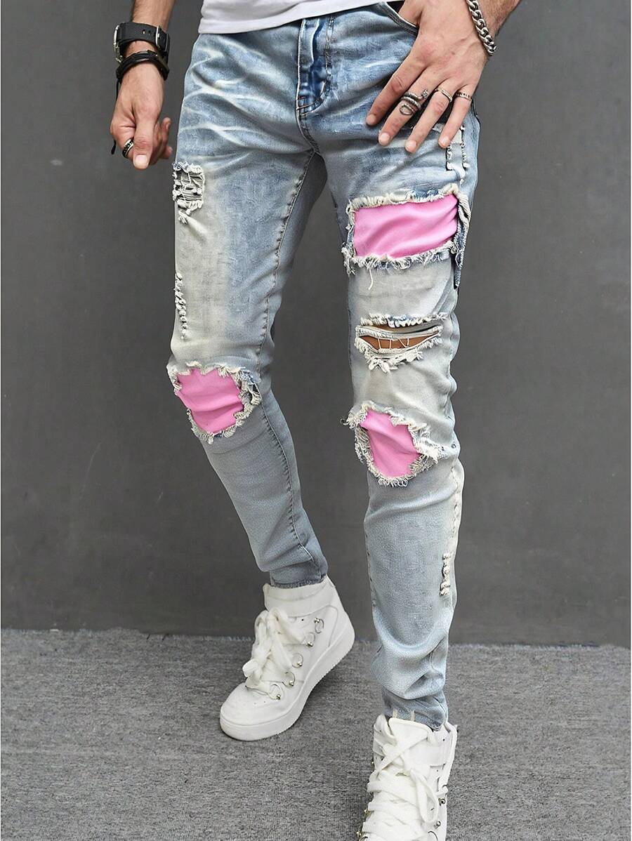 Manfinity LEGND Men's Distressed Color Block Skinny Denim Jeans With Pockets, Summer - Light Wash - View 1