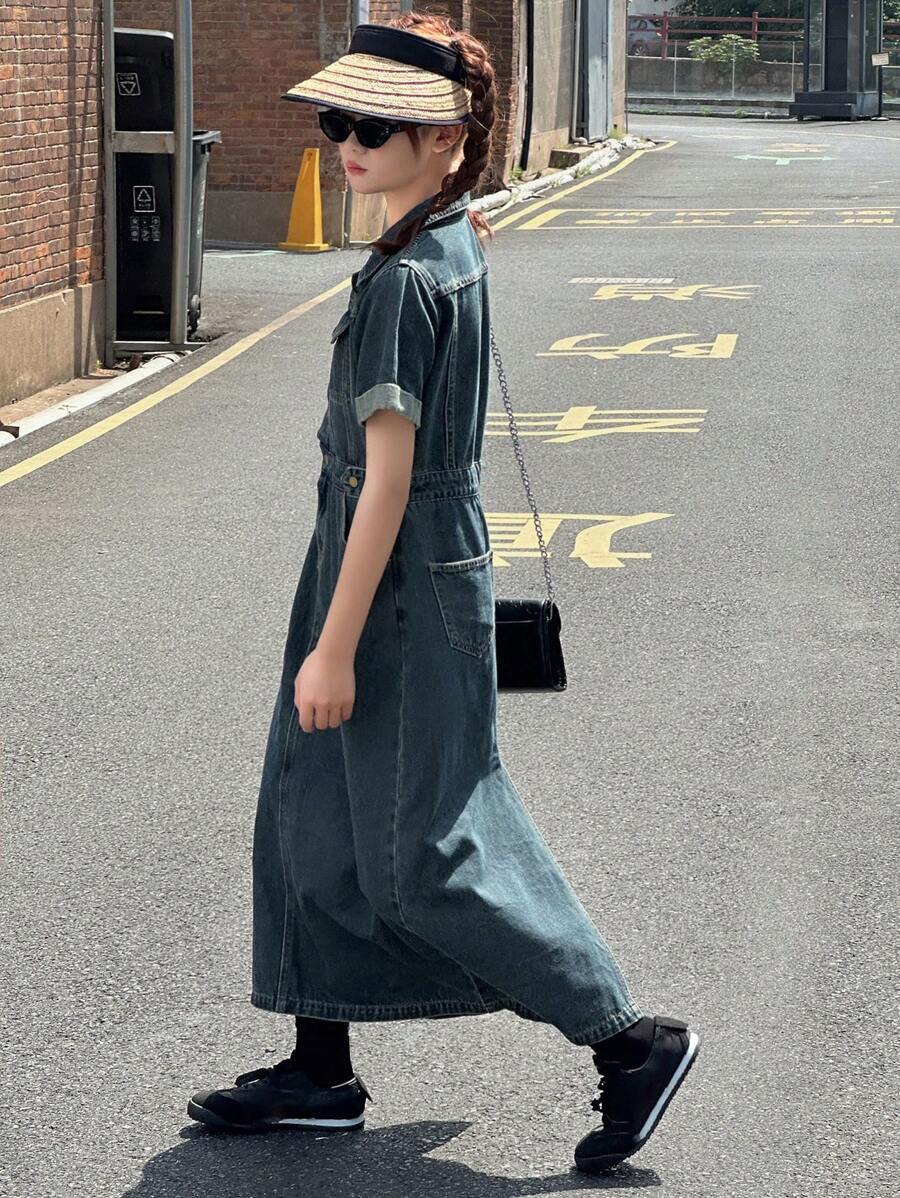 DAZY Teen Girl Denim Dress With Pockets And Buttons, Casual Short Sleeve, Spring & Summer