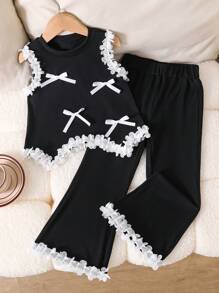 Elladie kids Young Girl Fashionable Ruffled Edge Bow Decor Camisole Dress & Bell Bottoms Outfit Set - Black - View 2