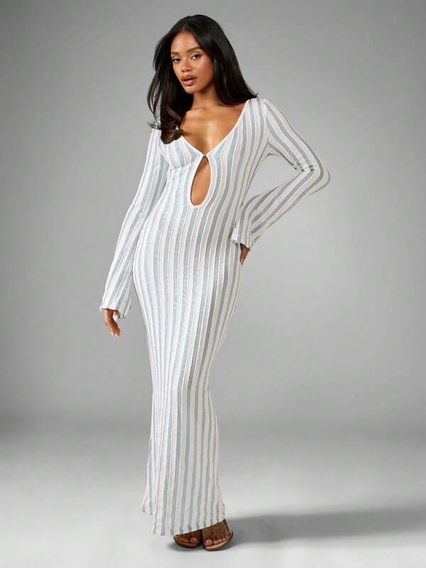 MISSGUIDED Striped Long Sleeve Keyhole Maxi Beach Cover Up Sheer Resort Wear Holiday Kaftan Pool Party Swimsuit Sundress