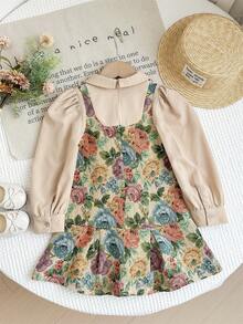 SHEIN LMoss Kids LMoss Young Girl Vintage Floral 2 In 1 Kemeja Lengan Panjang & Gaun Musim Gugur Musim Dingin - Hijau - View 2