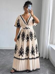 SHEIN Tall Plus Size Women High-Waist Elegant Plaid Ruched Jumpsuit, Suitable For Vacation