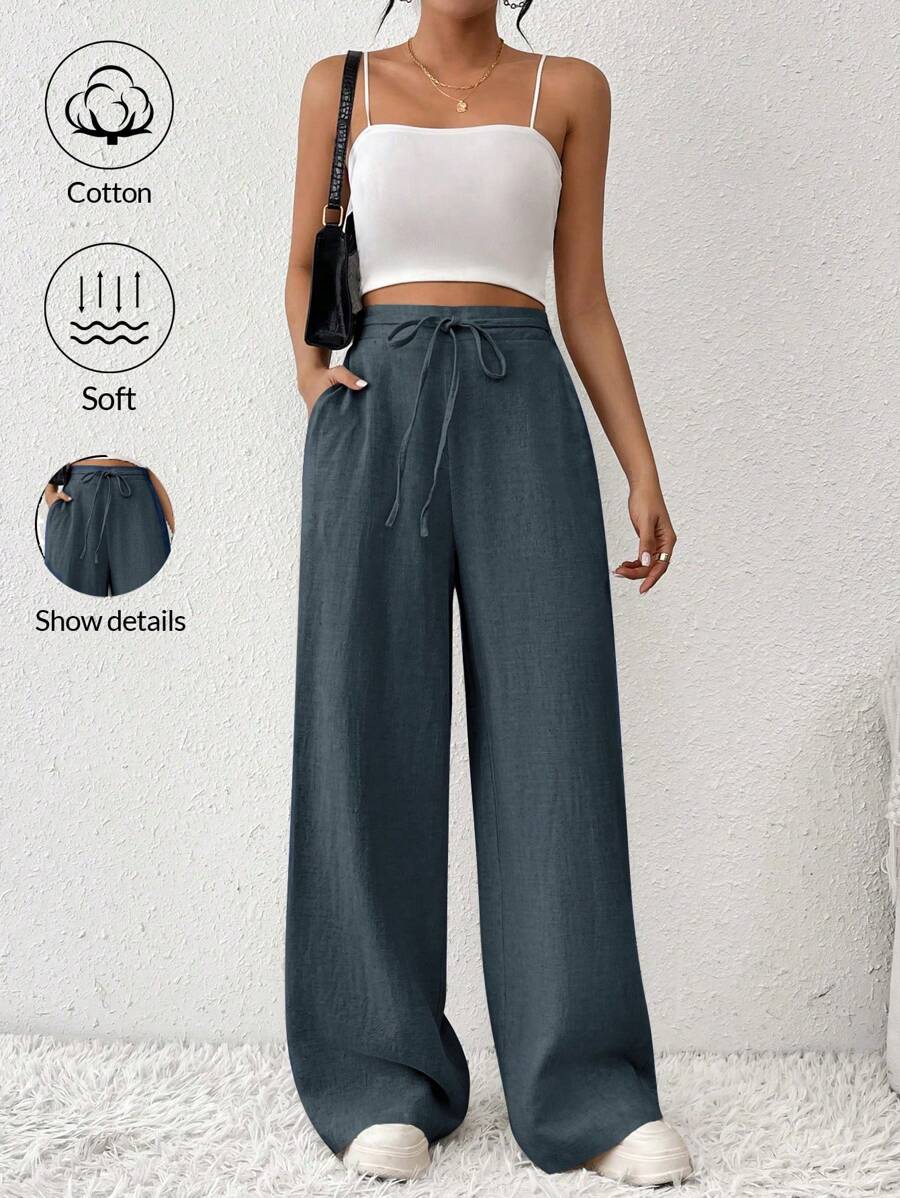 SHEIN X JIMENA & MATEO SHEIN Frenchy Pantalones rectos de pierna ancha, cómodos y elegantes con cordón y bolsillos para mujer. Pantalones de lino a rayas. Pantalones para maestras. Ropa de maestra. Atuendos de otoño. De vuelta a la escuela. Ropa de oficina minimalista. Estilo old money simple.