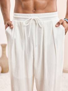 Manfinity VCAY Retro Linen Casual Pants For Men, Solid Color Versatile With Drawstring, Suitable For Summer Men White Linen Pants White Baggy Pants Loose Pants Boho Pants Men White Linen Drawstring Pants