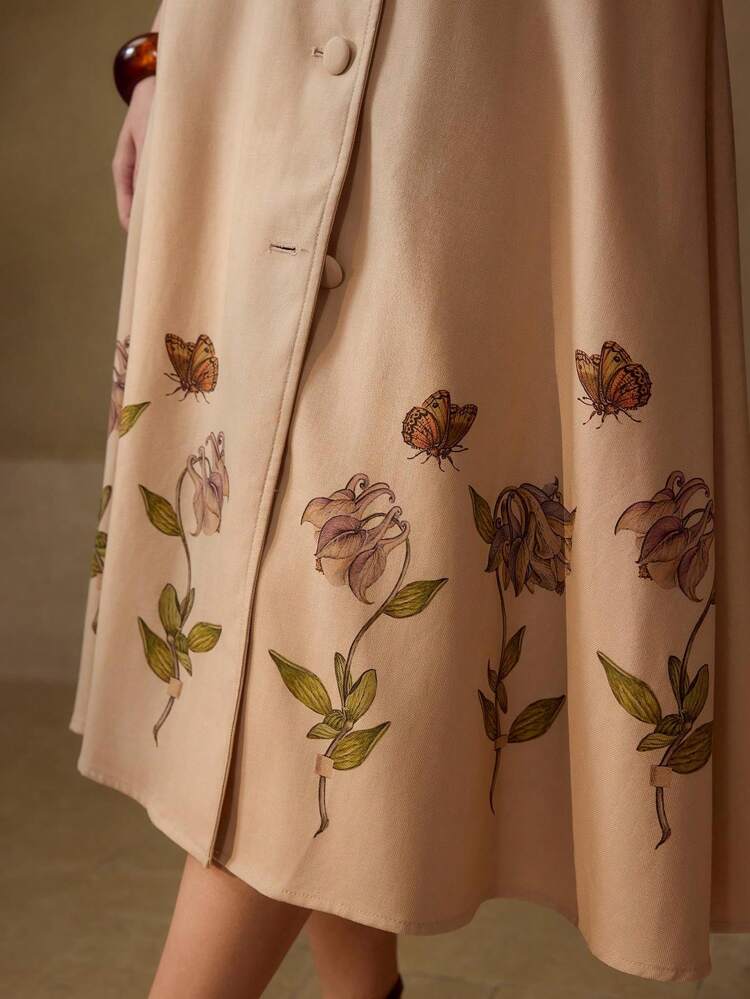 LINEN FABRIC PRINTED SLEEVELESS BELTED MID-LENGTH DRESS, SPRING/SUMMER