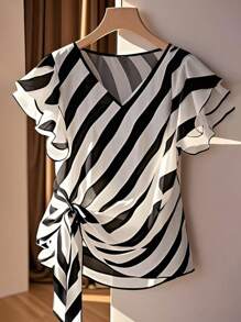 SHEIN Clasi Plus Size Casual V-Neck Striped Shirt With Tie Waist And Ruffle Sleeve