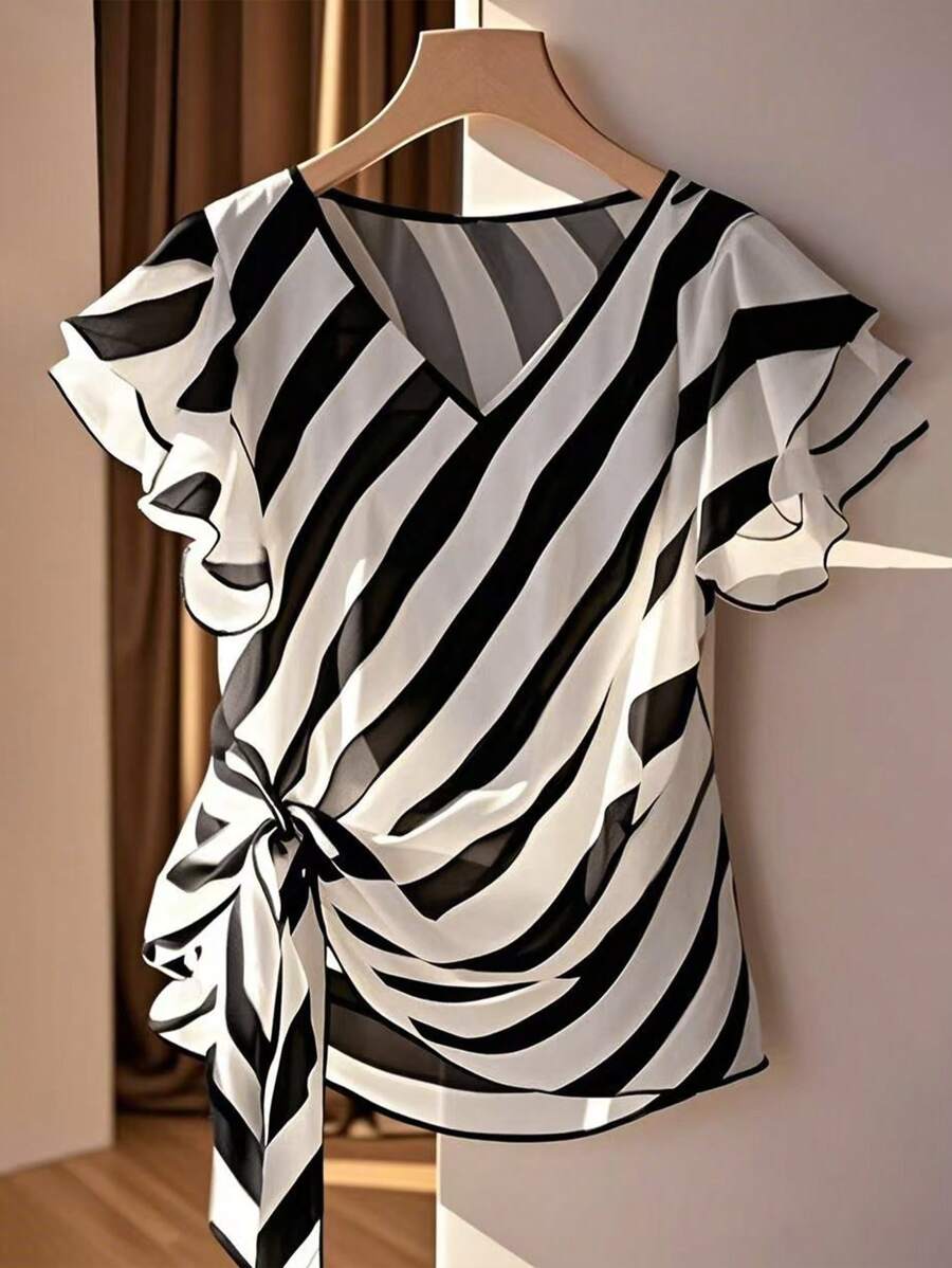 SHEIN Clasi Plus Size Casual V-Neck Striped Shirt With Tie Waist And Ruffle Sleeve